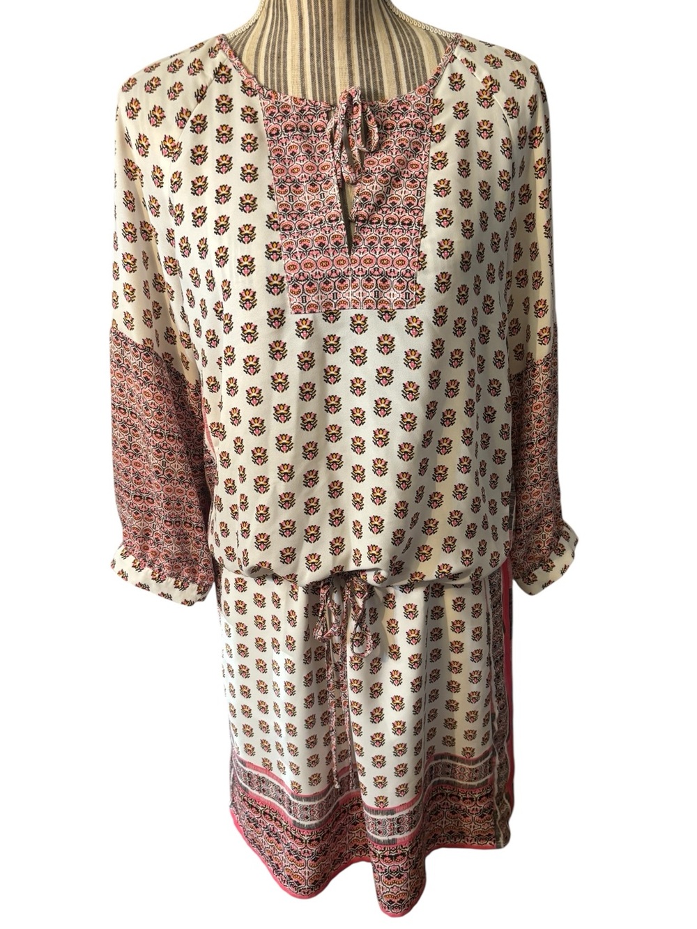 GAP Dress Medium Tall White 3/4-Sleeve Boho Tunic Pink Rust Orange Accents Ties